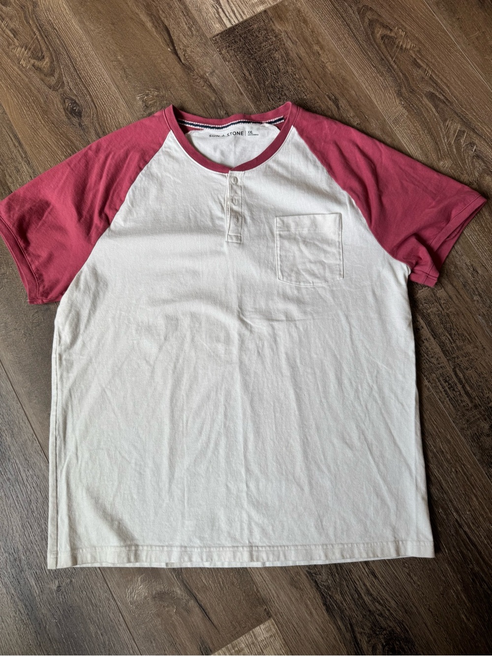 Sun + Stone White Body with Dusty Rose Raglan Henley Tee - Men